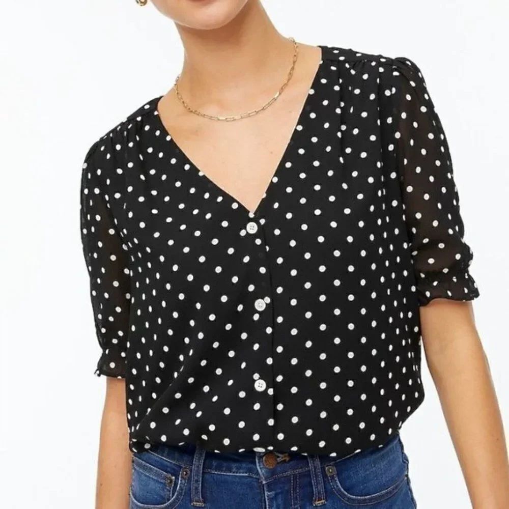 J Crew Black White Polka Dot Puff Sleeve Button Down Short Sleeve Shirt AY485